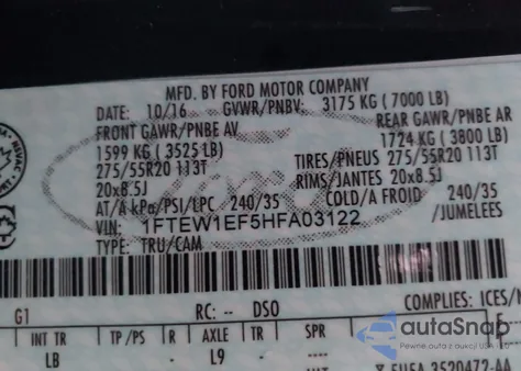 2017 Ford F-150 Lariat z USA, uszkodzony, nr VIN 1FTEW1EF5HFA03122